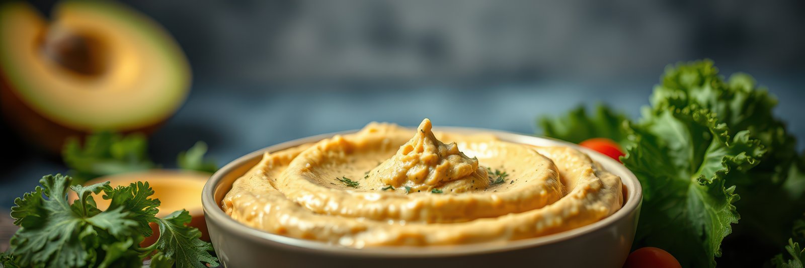 Creamy hummus served in a bowl with fresh greens and avocados on a rustic table
